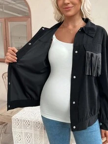 SHEIN Maternity Drop Shoulder Front Button Casual Versatile Short Regular Jacket - Black - View 7