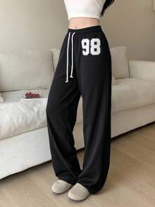 TEENGIRL 黑色低腰运动裤，休闲数字印花街头风格长裤，适合所有季节 - 黑色 - 查看 4