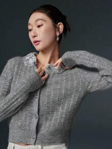 Heiryn 秋冬女士花卉串珠领抽绳休闲日常针织开衫