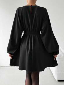 Rafferiza Vestido midi casual de unicolor con mangas con volantes y cintura con lazo - Negro - Ver 3