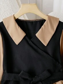 Sparklyn 女孩时尚拼色连衣裙，带腰带和纽扣细节，适合学校或休闲穿着的 A 字裙，可机洗，涤纶混纺，春夏秋季，时尚腰带连衣裙 | 闪亮面料，可爱的连衣裙 - 彩色 - 查看 7