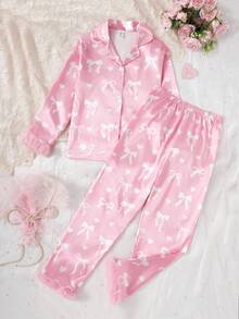Girls Casual 2 Pieces Set, Featuring Cartoon Bow Pattern, Fluffy Cuff Long Sleeve Top And Long Pants, Pink, Comfortable Loungewear Fall Winter - Pink - View 12