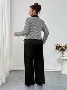 Elenzga Plus Size Elegant Formal Black And White Houndstooth Knit Patchwork Contrast Color Long Sleeve Blazer&Casual Straight Leg Pants 2 Pieces Set,Summer - Black and White - View 4