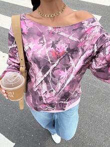 Muchica Sudadera de mujer con estampado retro de hombros descubiertos en color rosa, de uso casual para otoño/invierno