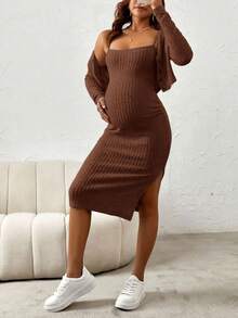 SHEIN 2pcs Maternity Solid Color Long Sleeve Top And Dress Set