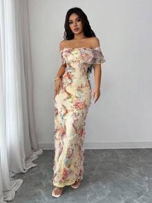 Elenzga 优雅荷叶边露肩修身腰身连衣裙，采用 3D 花卉网眼面料，浪漫 - 彩色 - 查看 6