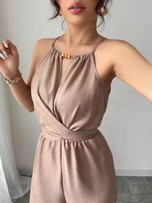 Selianne Women's Casual Khaki Crinkle Fabric Halter Neck Beaded Drawstring Waist Jumpsuit, Spring/Summer - Khaki - View 5