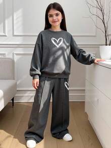 SHEIN 青少年女孩宽松休闲简约舒适圆领运动衫和裤子套装 - 灰色 - 查看 2
