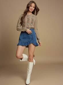 WESTFADE Mixed Stitch Round Neck Relaxed Fit Country Western Floral Embroidered Cable Knit Sweater Cute Fall Boho Top - Apricot - View 3