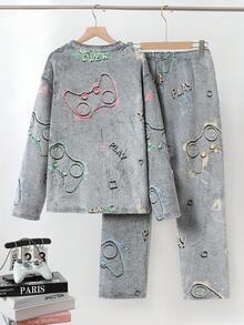 Teen Boys Glow-In-The-Dark Gaming Graphic Print Fleece Crew Neck Long Sleeve Top And Pants 2 Pieces Pajama Set, Suitable For Everyday Wear Fall Winter Boys Pajamas