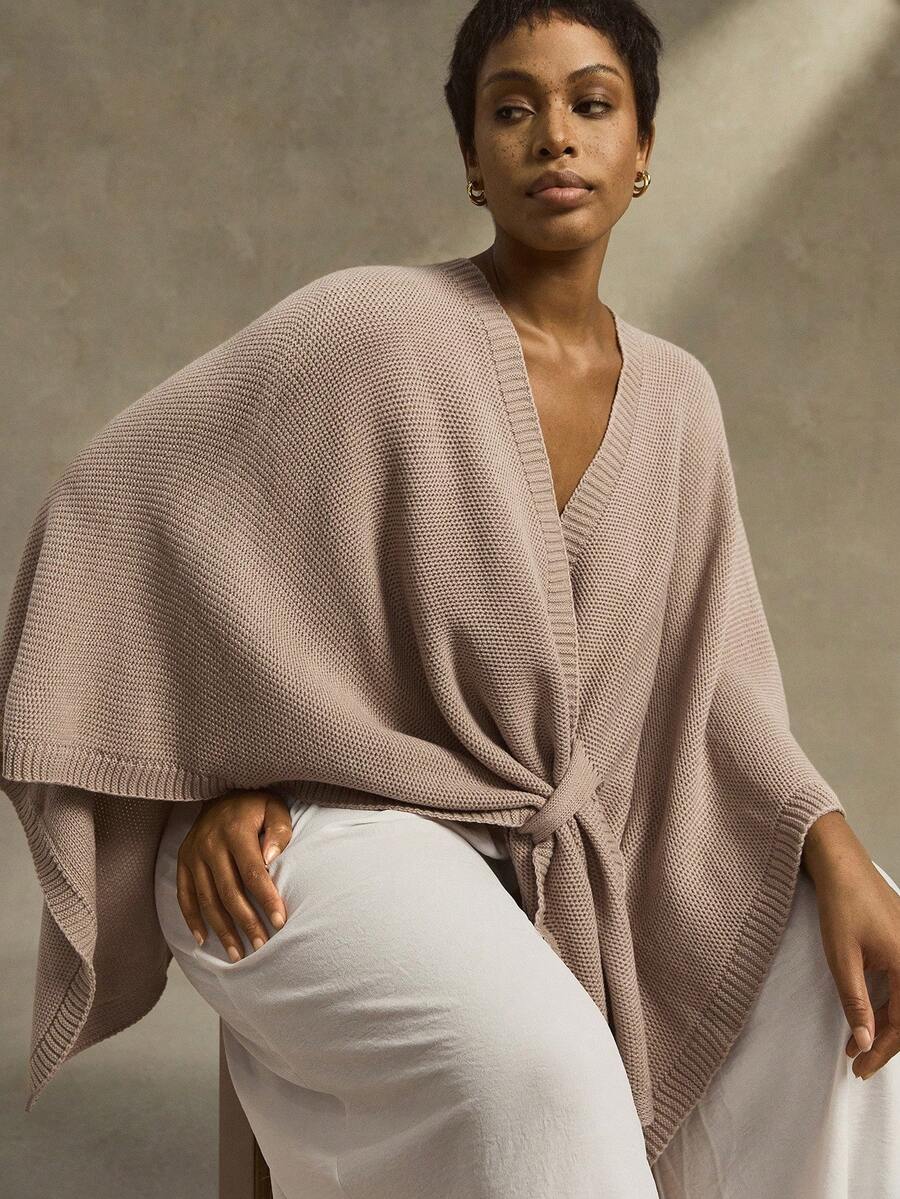 EMERY ROSE Poncho de punto de unicolor con lazo para mujer talla grande, cárdigan simple y elegante para otoño - Caqui - Ver 1