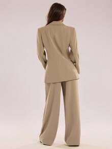 SHEIN BAE 女士休闲翻领长袖夹克和裤子套装，秋季 - 卡其色 - 查看 2