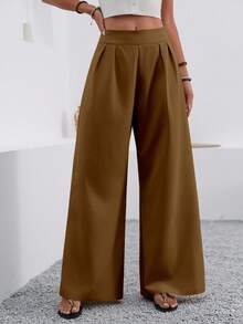 EMERY ROSE Quần ống rộng màu trơn thường ngày cho kỳ nghỉ của phụ nữ - màu nâu - Xem 4