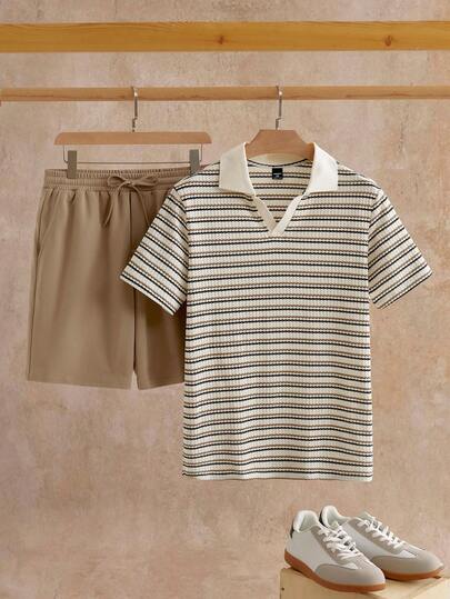 EASEVO 2件套大码男士休闲短袖Polo衫和短裤套装