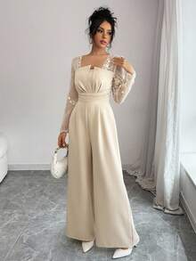 Elenzga 女式花卉刺绣网眼拼布长袖褶皱腰阔腿优雅连体裤 - 杏色 - 查看 3