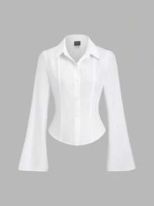 Sweetra Women's New Collegiate Basic Minimalist Commuter Cinched Waist Long Sleeve Tie Collar Blouse - White - View 4