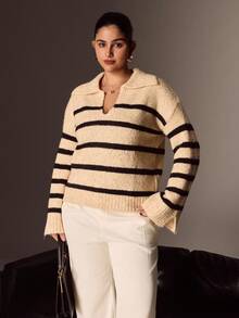 Juhart Plus Size Women Colorblock Striped Turtleneck Long Sleeve Casual Pullover Sweater, Winter - Multicolor - View 5