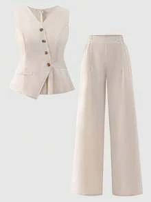 SHEIN Set de 2 piezas: Top de tirantes unicolor y pantalones de pierna ancha con decoración de dobladillo plisado, para chicas adolescentes, estilo elegante y holgado - Albaricoque - Ver 1