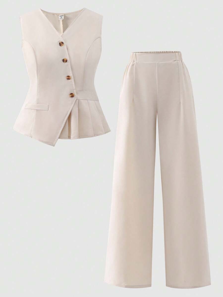 SHEIN Set de 2 piezas: Top de tirantes unicolor y pantalones de pierna ancha con decoración de dobladillo plisado, para chicas adolescentes, estilo elegante y holgado - Albaricoque - Ver 1