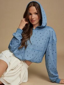 WESTFADE Áo hoodie tay dài dáng ngắn in hình ngôi sao, chất liệu vải French Terry mài bạc, viền phồng, kiểu dáng thường ngày, dễ thương, phong cách boho mùa thu, áo kiểu cao bồi, trang phục miền Tây đồng quê. - Màu xanh lam - Xem 1