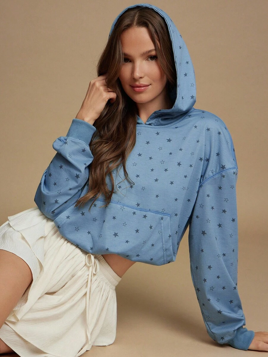 WESTFADE Áo hoodie tay dài dáng ngắn in hình ngôi sao, chất liệu vải French Terry mài bạc, viền phồng, kiểu dáng thường ngày, dễ thương, phong cách boho mùa thu, áo kiểu cao bồi, trang phục miền Tây đồng quê. - Màu xanh lam - Xem 1