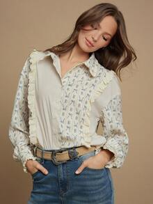 WESTFADE Mixed Media Striped Floral Bow & Railroad Stripe Printed Collared Button Front Relaxed Boxy Fit Ruffle Button Up Shirt Casual Cute Fall Boho Top Country Western Wear Concert Outfit