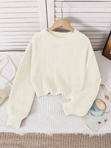 SHEIN 女童纯色简约日常圆领长袖短款套头衫 - 米色 - 查看 7
