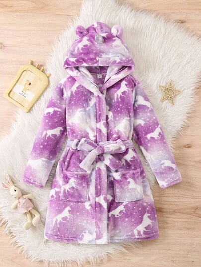 女孩紫色独角兽毛绒睡袍，休闲睡衣