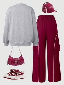 Sparklyn 2 件套青少年女孩字母图案运动衫上衣和大口袋直筒工装裤，休闲街头风格服装，秋季 - 灰色 - 查看 2