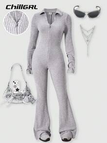 Sparklyn Teen Girl Gray Ribbed Knit Long Sleeve Cardigan Jumpsuit Fall Winter - Grey - View 3