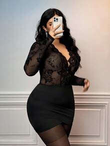 Viva Relle Váy ôm sát ren cổ chữ V tay dài cỡ lớn, thanh lịch và thon gọn - màu đen - Xem 1