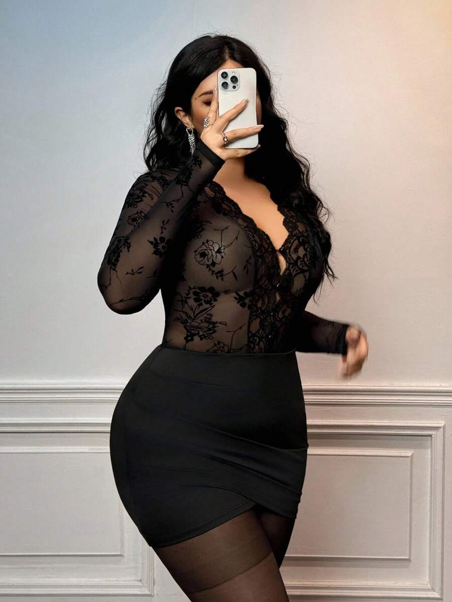 Viva Relle Váy ôm sát ren cổ chữ V tay dài cỡ lớn, thanh lịch và thon gọn - màu đen - Xem 1