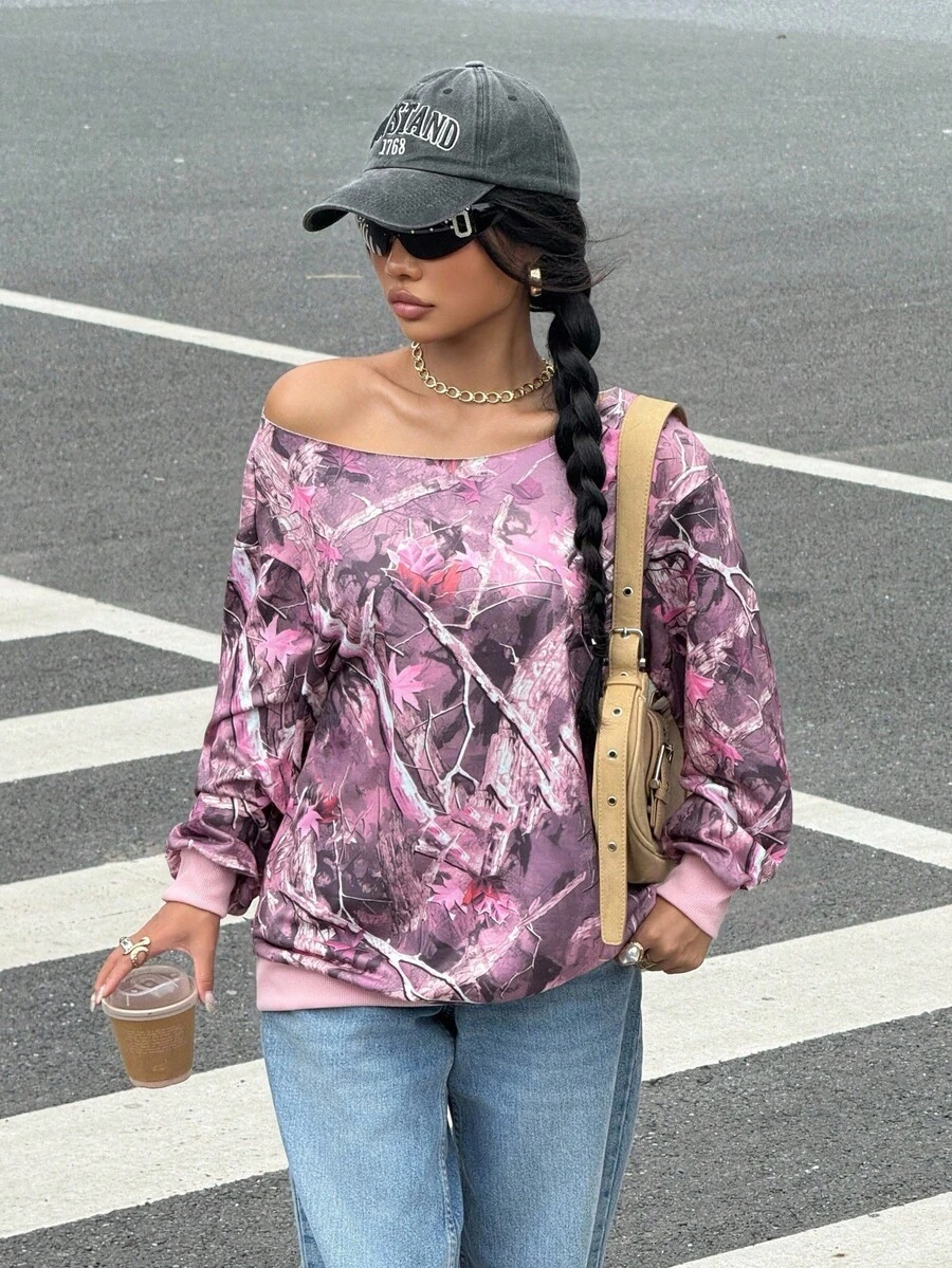 Muchica Sudadera de mujer con estampado retro de hombros descubiertos en color rosa, de uso casual para otoño/invierno