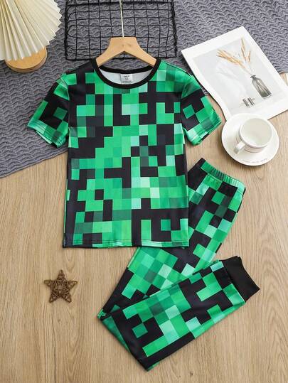 Boys' Soft & Comfortable Snug Fit Pajama Set, Cute Cartoon Digital Plaid All-Over Print, Casual Minimalist Short Sleeve & Pants 2 Pieces Loungewear