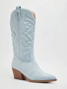 Solezae Botas vaqueras de media pantorrilla con tacón grueso, puntera y bordado glamoroso - Neblina azul - Ver 2