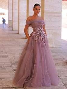 Glamrae Váy maxi trễ vai thêu ren và lưới bồng bềnh sang trọng thanh lịch, thích hợp cho đám cưới, tiệc tùng, kỳ nghỉ, vũ hội, sự kiện trang trọng (trang trí đậm) - Màu tím - Xem 4