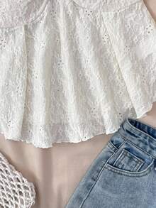 SHEIN 少女夏日阳光甜美休闲舒适荷叶边袖提花针织T恤，家居服，可爱，适合派对、情人节 - 杏色 - 查看 3