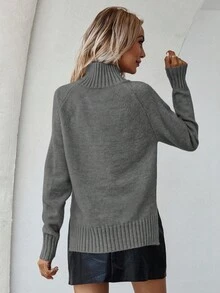 EMERY ROSE Women's Solid Color Stand Collar Raglan Sleeve Casual Pullover Sweater, Autumn - Dark Grey - View 2