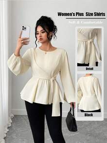 Elenzga Áo cánh mùa thu buộc eo trơn dệt thanh lịch Plus - Màu be - Xem 1