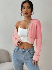 EMERY ROSE Women's Autumn Dropped Shoulder Long Sleeve Cropped Elegant Knitted Cardigan - Baby Pink - View 4