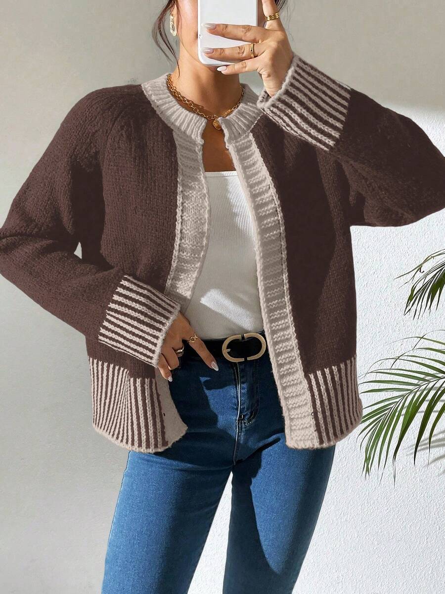 EMERY ROSE French Fashion Versatile Black And White Striped Knit Cardigan - Coffee Brown - View 1