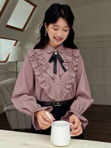 SHEIN 少女优雅宫廷风纯色彼得潘领荷叶边袖休闲长袖衬衫，粉色 - 粉色 - 查看 1