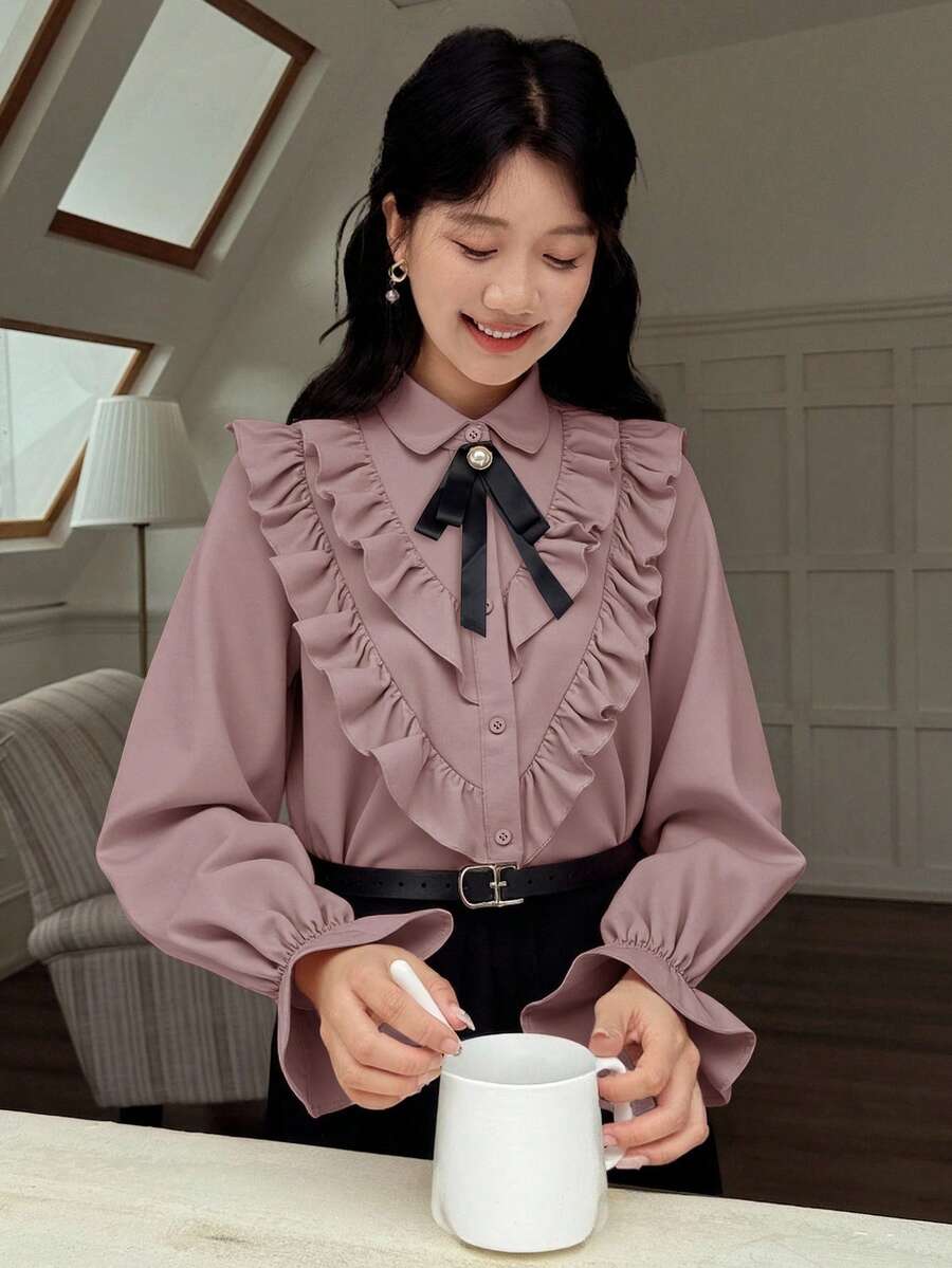 SHEIN 少女优雅宫廷风纯色彼得潘领荷叶边袖休闲长袖衬衫，粉色 - 粉色 - 查看 1