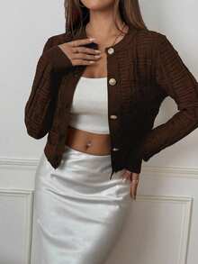 SHEIN PETITE 女士休闲长袖单排扣针织开衫，秋冬 - 咖啡棕 - 查看 4