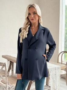 SHEIN بليزر أنيق أحادي اللون بأكمام طويلة وأزرار مزدوجة - رمادي - مشاهدة 2