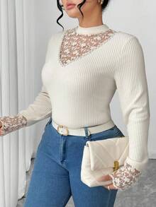 Elenzga Áo len dệt kim tay dài phối ren cỡ lớn dành cho nữ, mùa thu/đông - Màu be - Xem 6