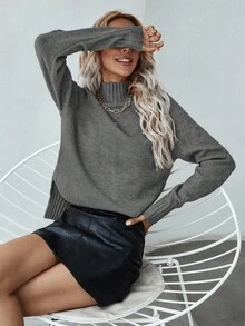 EMERY ROSE Women's Solid Color Stand Collar Raglan Sleeve Casual Pullover Sweater, Autumn - Dark Grey - View 5