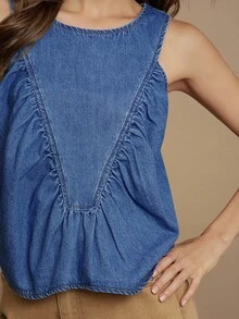 WESTFADE 圆领西部风格拼接100%纯棉牛仔无袖A字上衣，休闲可爱，适合秋季穿着，波西米亚乡村西部风情。 - 中等水洗藍 - 查看 5