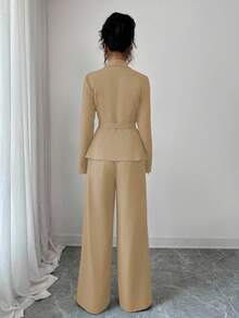 Elenzga Bộ vest hai mảnh cổ chữ V ve áo thanh lịch, tay dài, thiết kế độc đáo, thắt lưng, cài nút, cao cấp và quần ống rộng ống đứng, phù hợp cho việc đi làm vào mùa thu - Màu Khaki - Xem 2