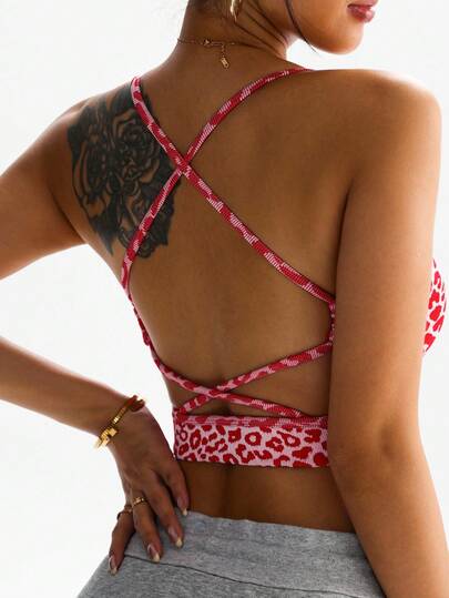 Slay 1pc Leopard Print Criss Cross Racerback Sports BH Yoga, Running Cheetah Spots Rood Tops Women view 3